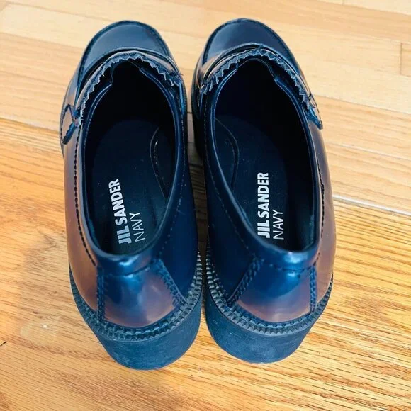 Jil Sander Navy Blue Leather Platform Shoes Eur 38.5 US 8 Chunky Loafers - Picture 12 of 15